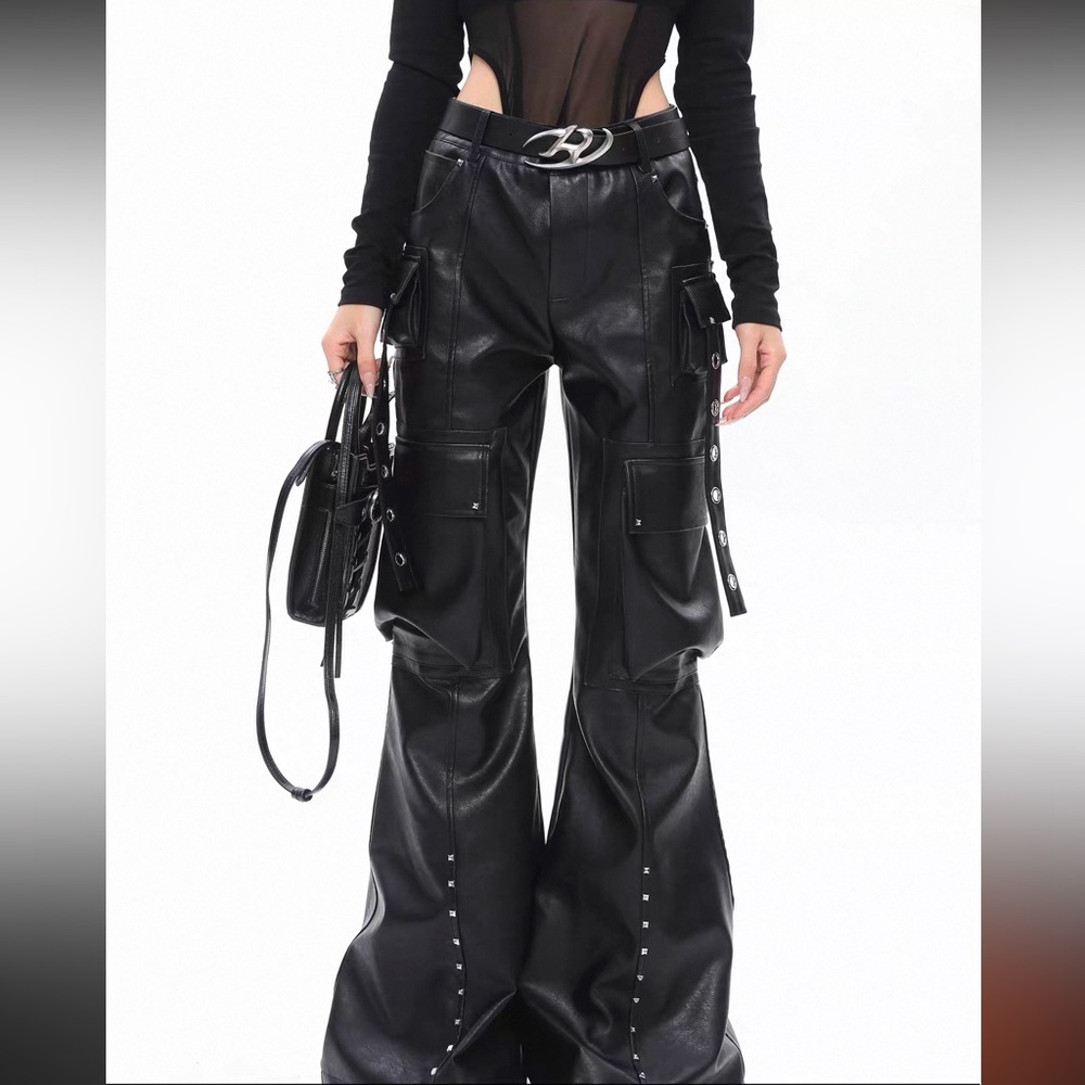 Black Flared Faux Leather Pants with Grommet Details